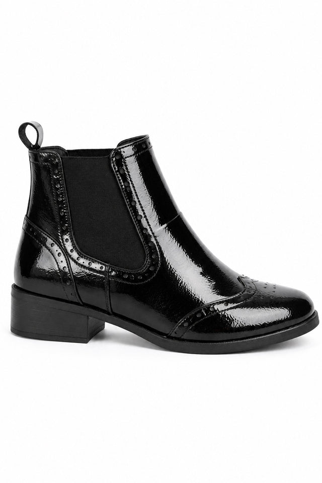 Patent Brogue Chelsea Ankle Boot with Block Heel