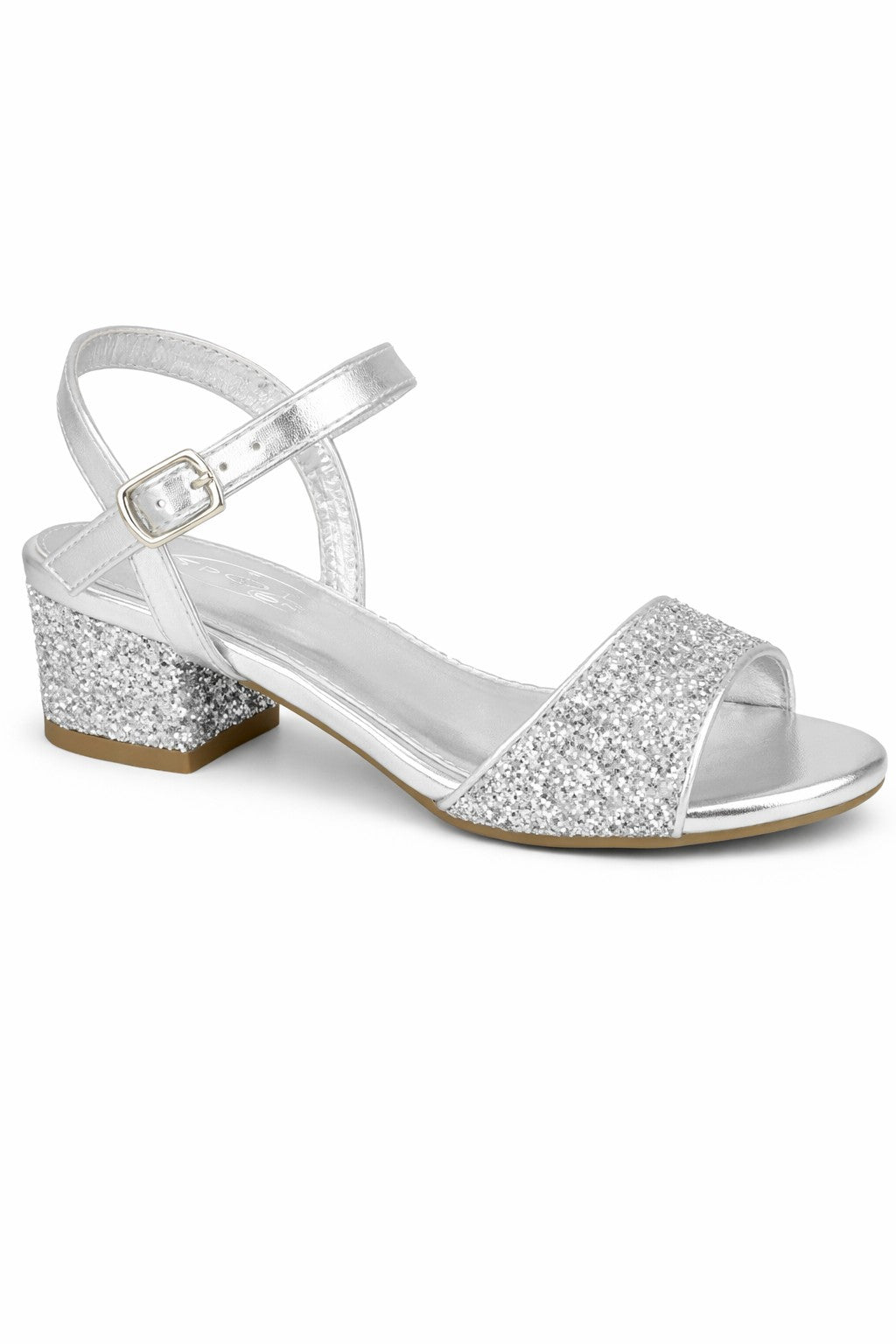 Glitter Strap Sandals with Ankle Buckle and Mid Block Heel