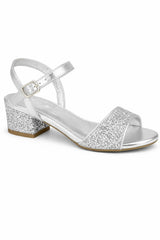 Glitter Strap Sandals with Ankle Buckle and Mid Block Heel