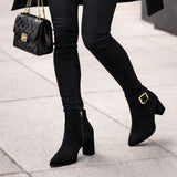 Women Block Heel Ankle Boots with Gold Buckle