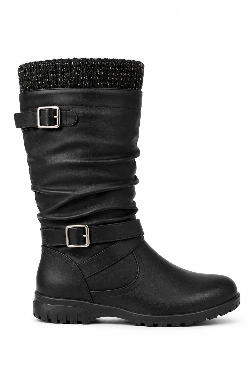 Mid Calf Buckle Detail Winter Boot with Knit Trim