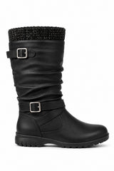 Mid Calf Buckle Detail Winter Boot with Knit Trim