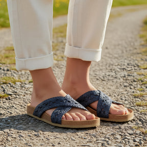 Woven Leather Cross Strap Flat Mule Sandal