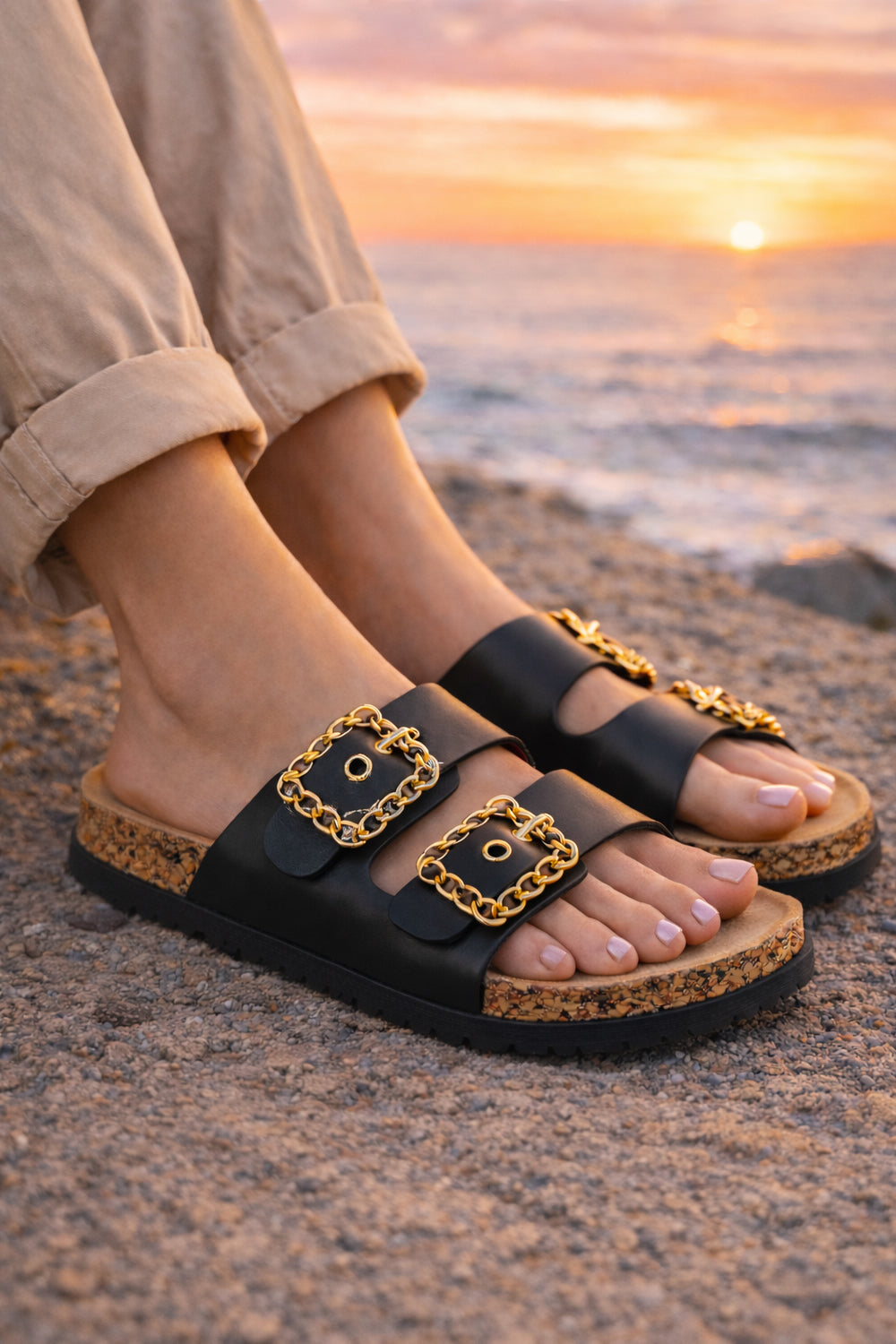 Double Strap Chain Buckle Comfort Footbed Sandals
