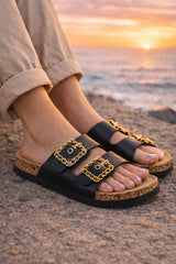 Double Strap Chain Buckle Comfort Footbed Sandals
