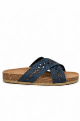 Woven Leather Cross Strap Flat Mule Sandal