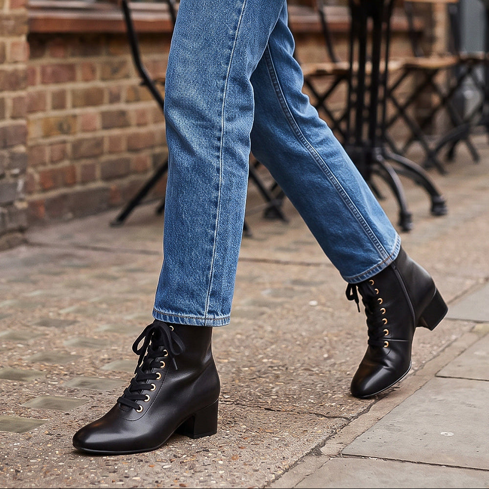 Low Block Heel Lace-Up Ankle Boot with Metal Eyelets