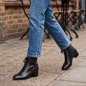 Low Block Heel Lace-Up Ankle Boot with Metal Eyelets