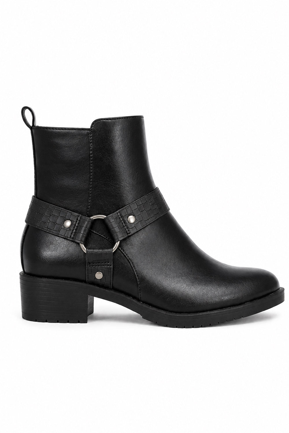 Ankle Biker Boots – Faux Strap & Buckle Detail Block Heel Boots