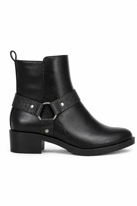 Ankle Biker Boots – Faux Strap & Buckle Detail Block Heel Boots