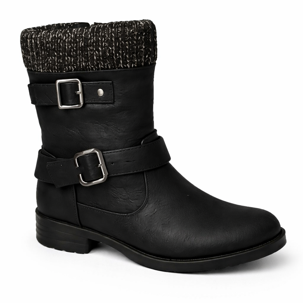 Mid Calf Buckle Boots Knit Cuff