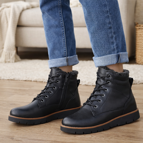 Women’s Warm Lined Lace-Up Zip Ankle Boots – Black
