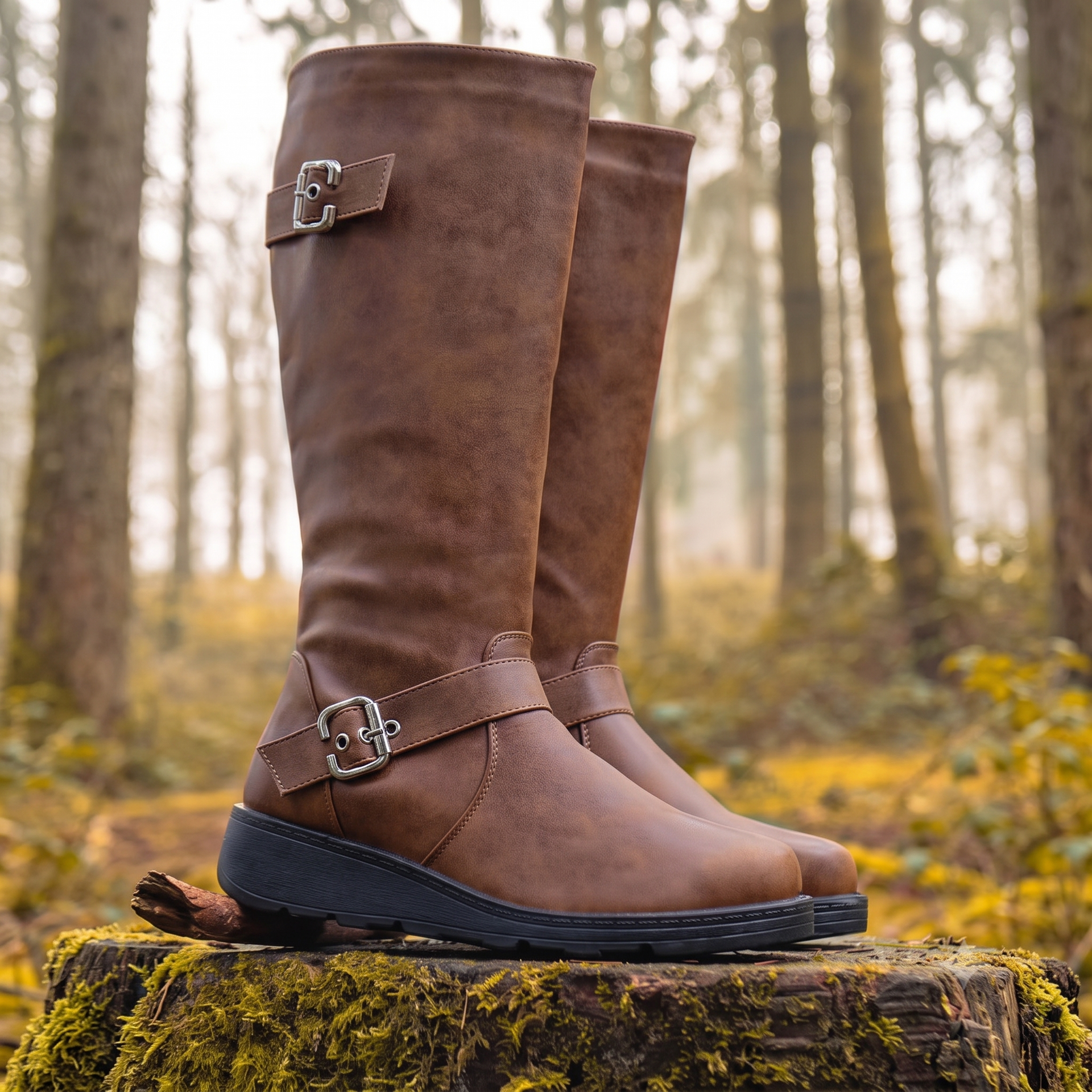 Wide Fit Knee High Buckle Detail Boots