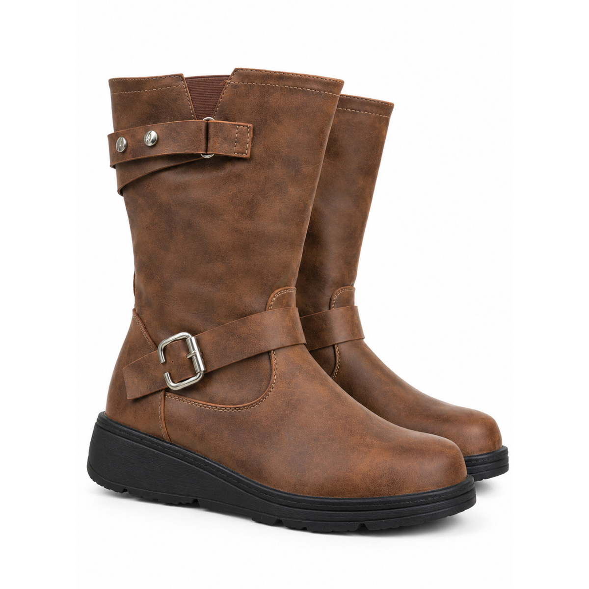 Wide Fit Mid Calf Buckle Detail Biker Boots