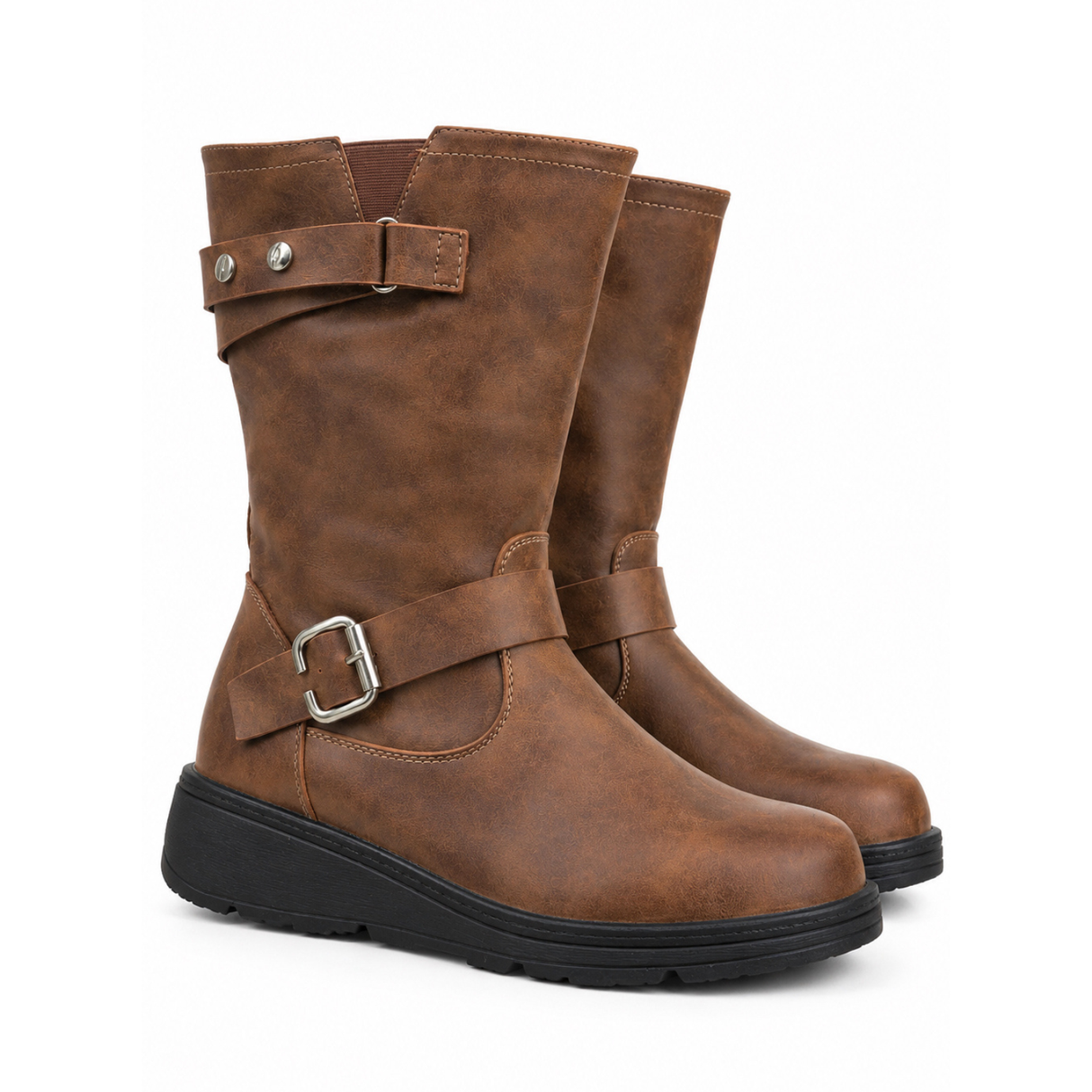 Women Wide Fit Mid Calf Buckle Detail Biker Boots