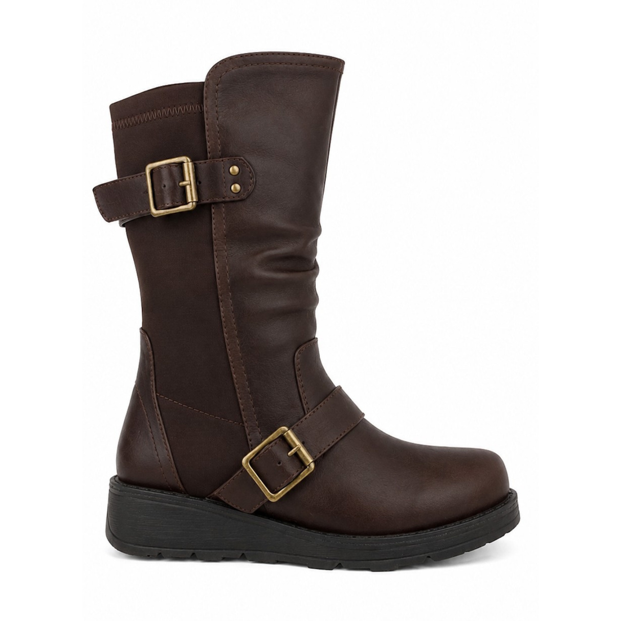 Women Wide Fit Mid Calf Biker Boots with Buckle Detail