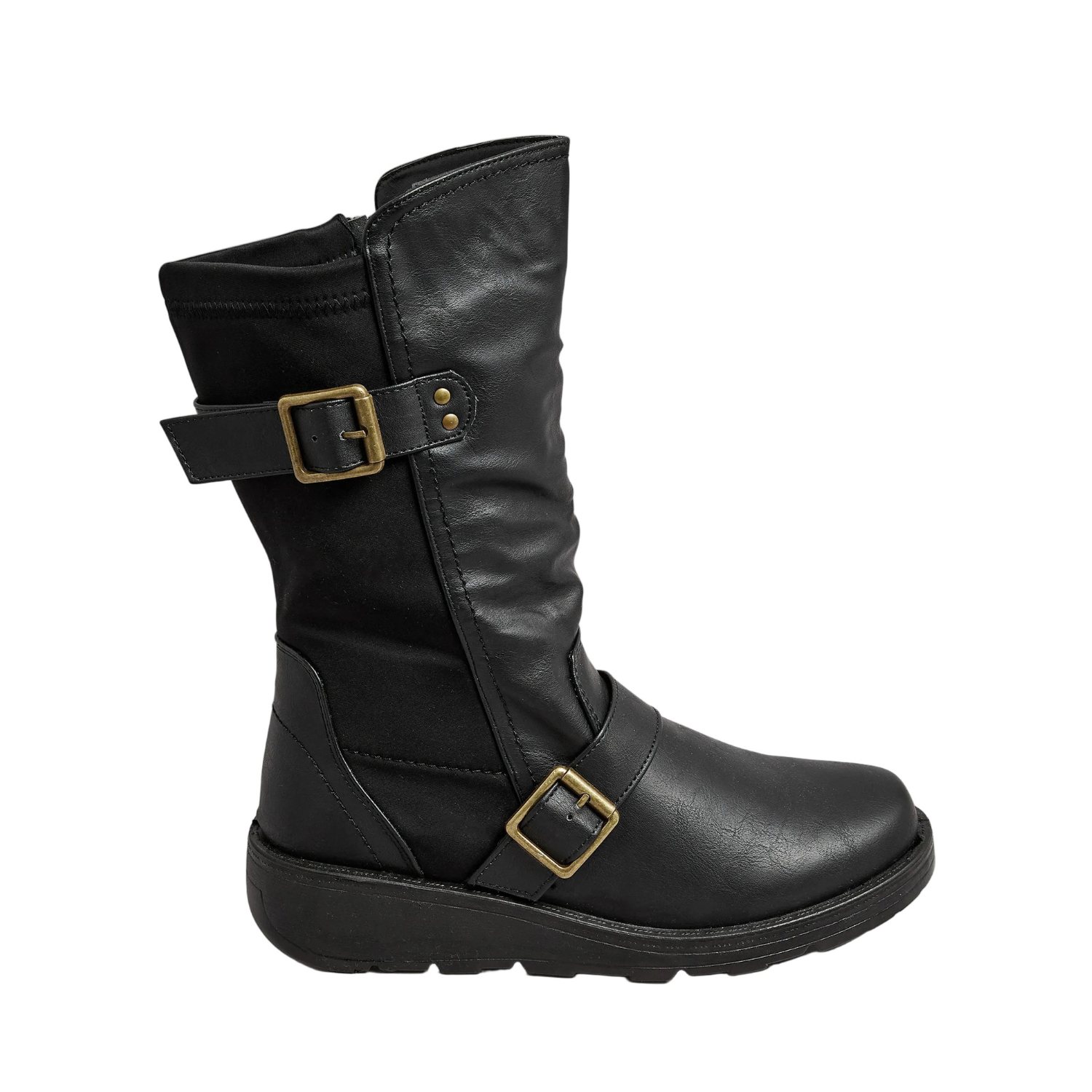 Wide Fit Mid Calf Biker Boots Buckle Detail