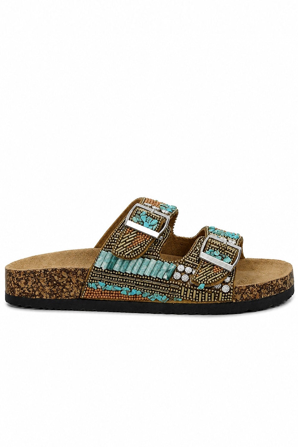 Low Double Buckle Beaded Mule Sandal