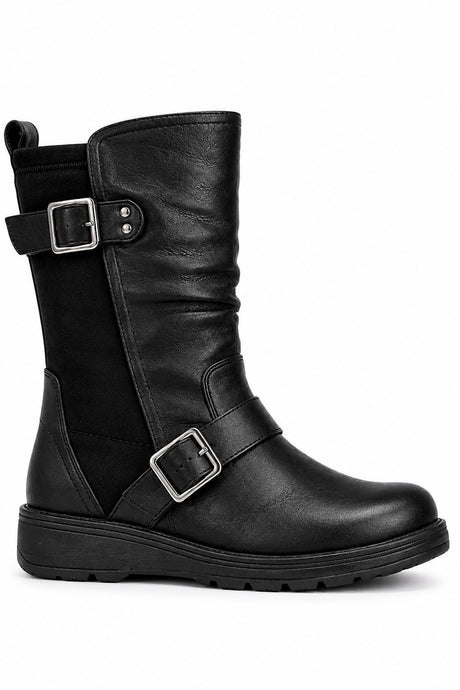 Extra Wide Fit Mid Calf Buckle Strap Flat Boots with Stretch Panel