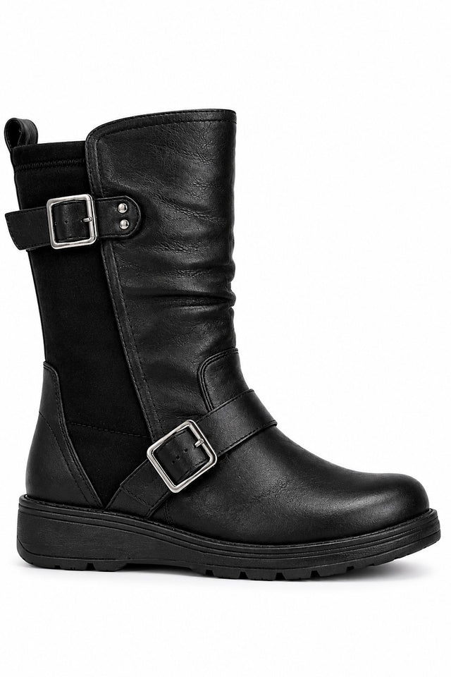 Extra Wide Fit Mid Calf Buckle Strap Flat Boots with Stretch Panel