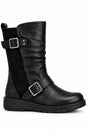 Extra Wide Fit Mid Calf Buckle Strap Flat Boots with Stretch Panel