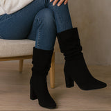 Women Mid Calf Block Heel Slouch Boots – Faux Suede Pull-On Dress Boots