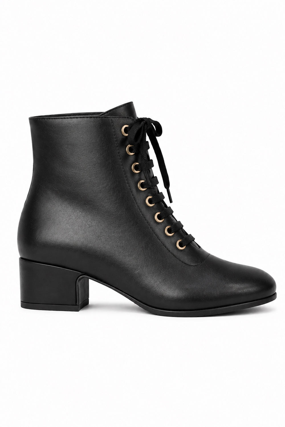 Low Block Heel Lace-Up Ankle Boot with Metal Eyelets