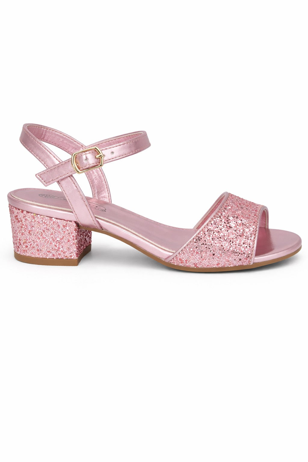 Glitter Strap Sandals with Ankle Buckle and Mid Block Heel