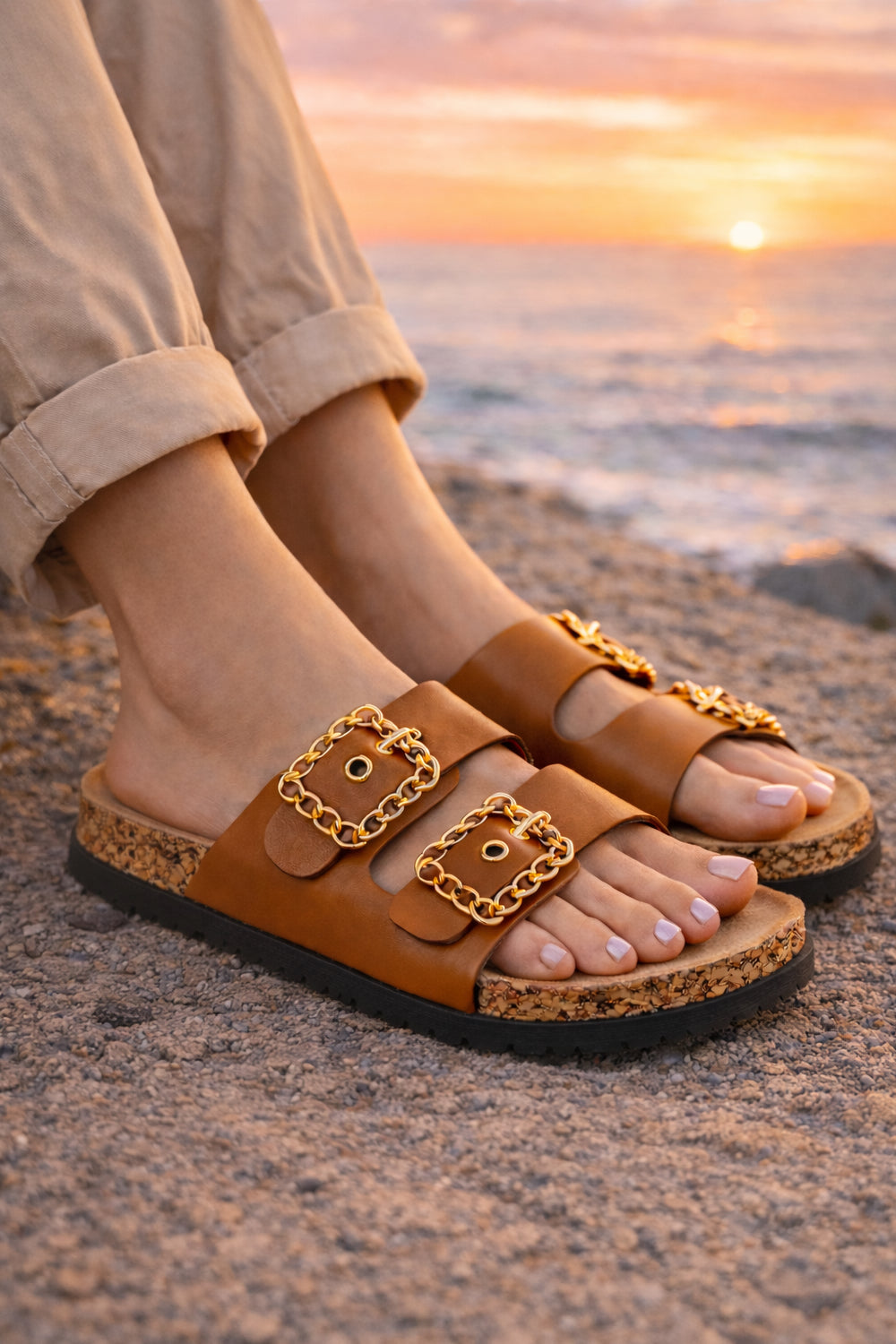 Double Strap Chain Buckle Comfort Footbed Sandals