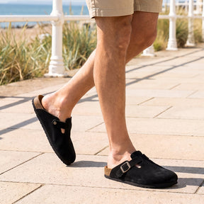 Suede Buckle Comfort Clogs with Cork Footbed