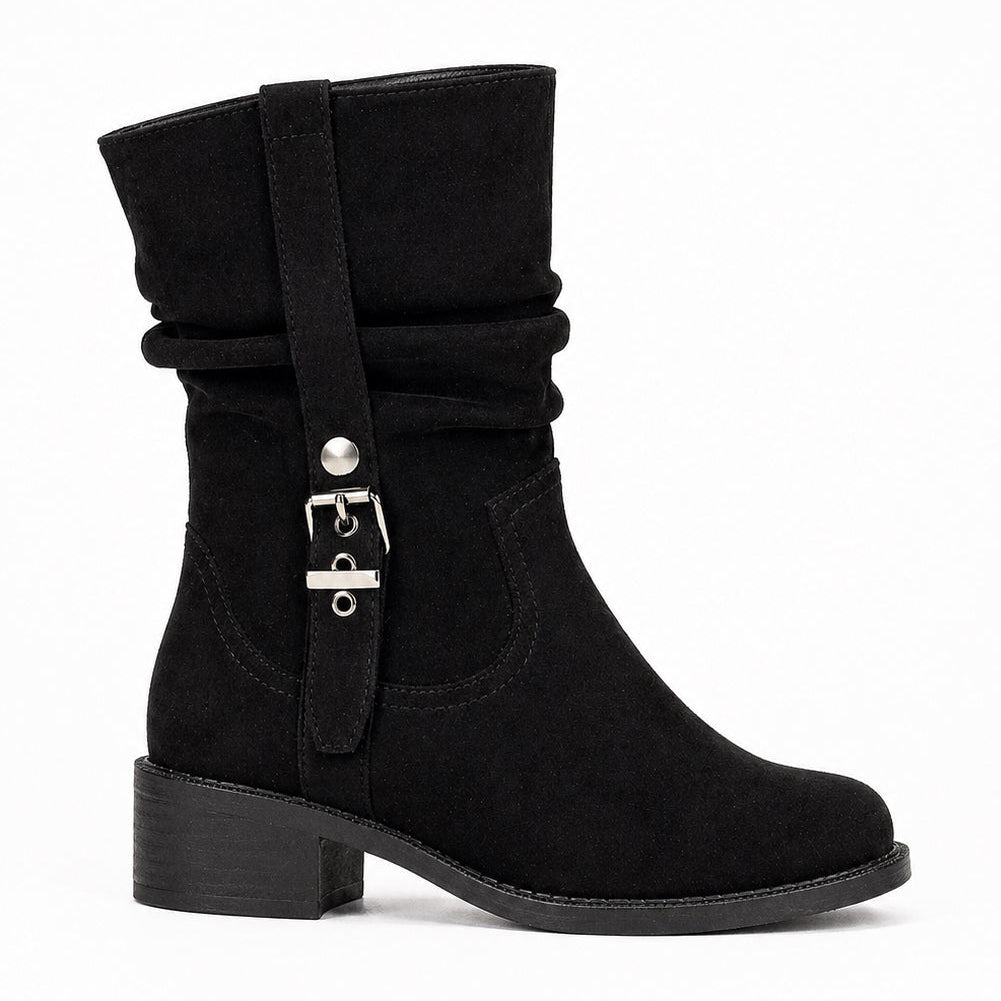 Women Mid Calf Buckle Detail Block Heel Ankle Boot