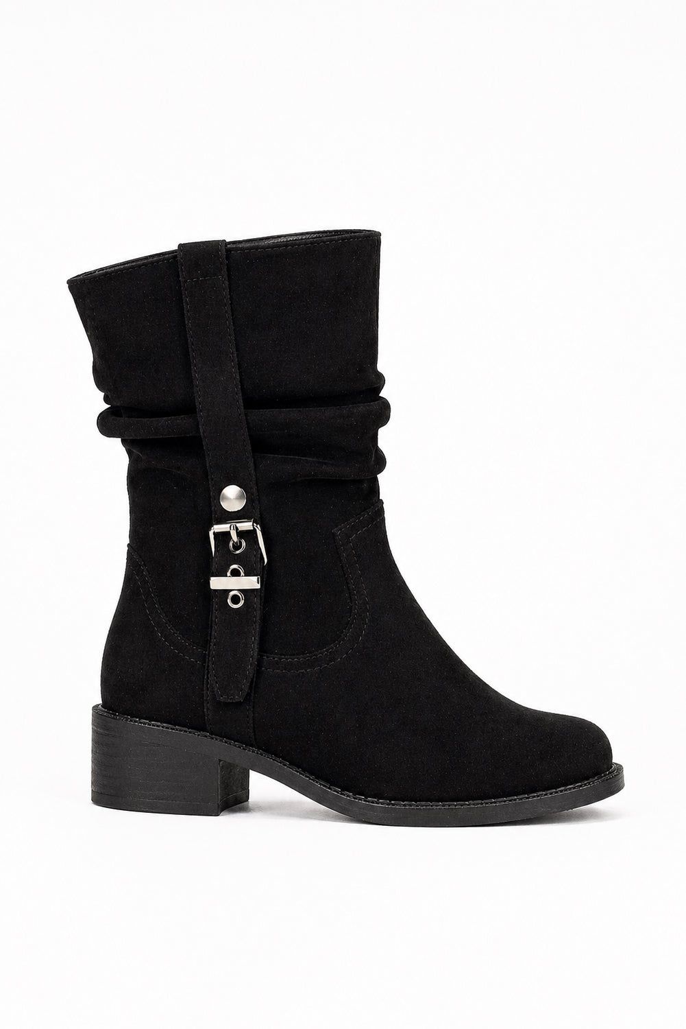 Mid Calf Buckle Detail Block Heel Ankle Boot