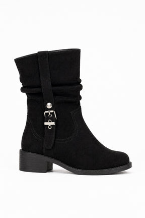 Mid Calf Buckle Detail Block Heel Ankle Boot
