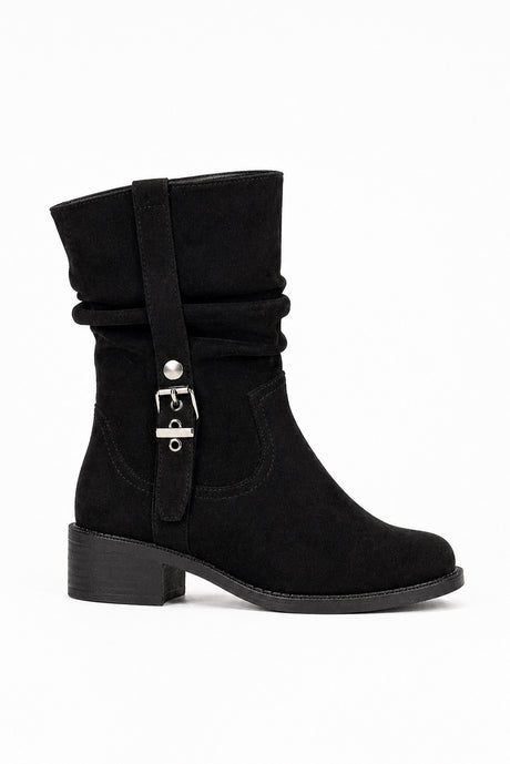 Mid Calf Buckle Detail Block Heel Ankle Boot