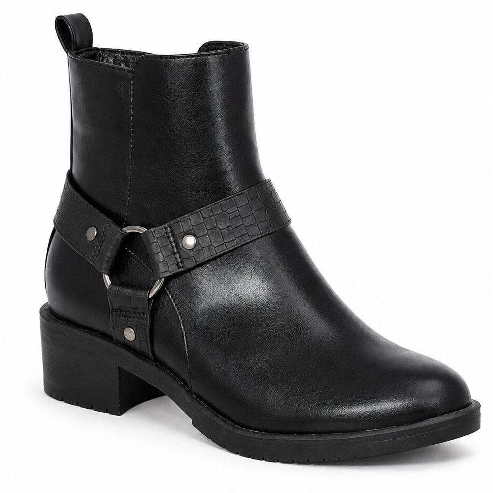 Women Ankle Biker Boots – Faux Strap & Buckle Detail Block Heel Boots