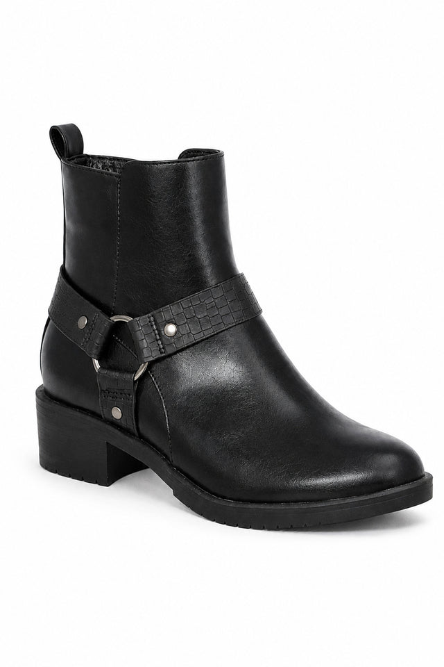 Ankle Biker Boots – Faux Strap & Buckle Detail Block Heel Boots