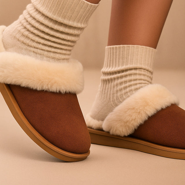 Premium Shearling-Lined Suede Slip On Slippers with Cushioned Sole