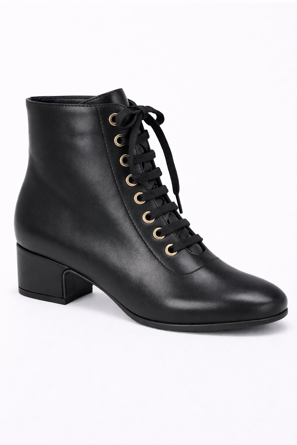 Low Block Heel Lace-Up Ankle Boot with Metal Eyelets