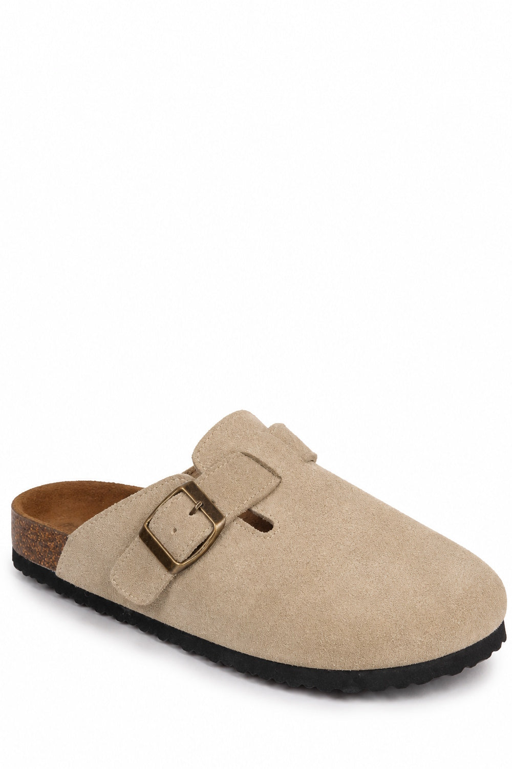 Suede Buckle Comfort Clogs with Cork Footbed