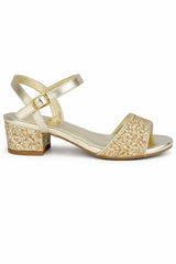 Glitter Strap Sandals with Ankle Buckle and Mid Block Heel