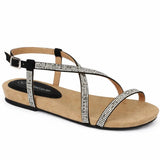 Women's Diamante T Bar Flat Sandal with Buckle Strap