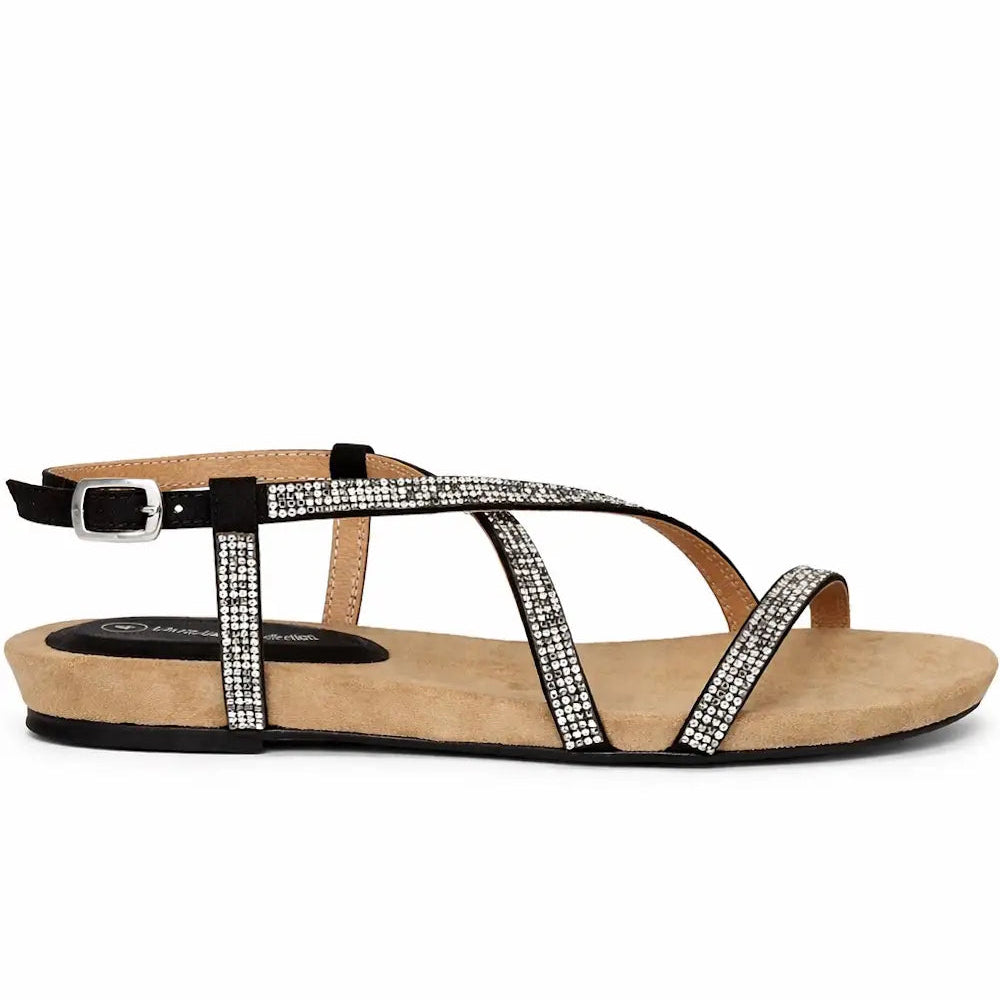 Women's Diamante T Bar Flat Sandal with Buckle Strap