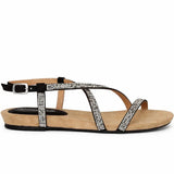 Women's Diamante T Bar Flat Sandal with Buckle Strap