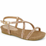 Women's Diamante T Bar Flat Sandal with Buckle Strap