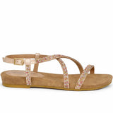 Women's Diamante T Bar Flat Sandal with Buckle Strap