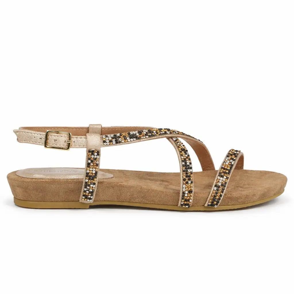 Women's Diamante T Bar Flat Sandal with Buckle Strap