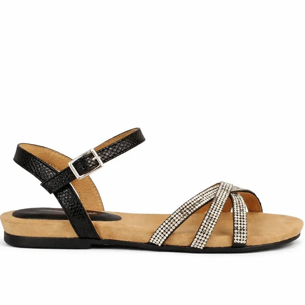Women's Diamante Strap Flat Sandal with Buckle Ankle Strap