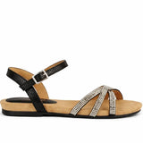Women's Diamante Strap Flat Sandal with Buckle Ankle Strap