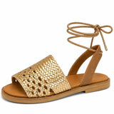 Women's Leather Woven Lace-Up Flat Sandals