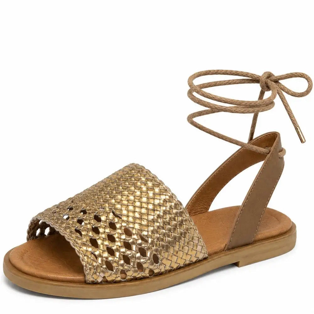 Women's Leather Woven Lace-Up Flat Sandals